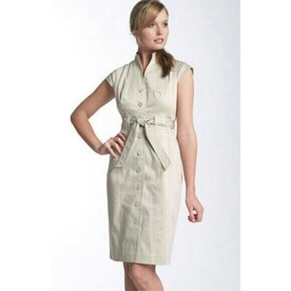 Calvin Klein Linen Tie Waist Safari Midi Shirt Dress Beige Button Down Womens 2 - Picture 10 of 10